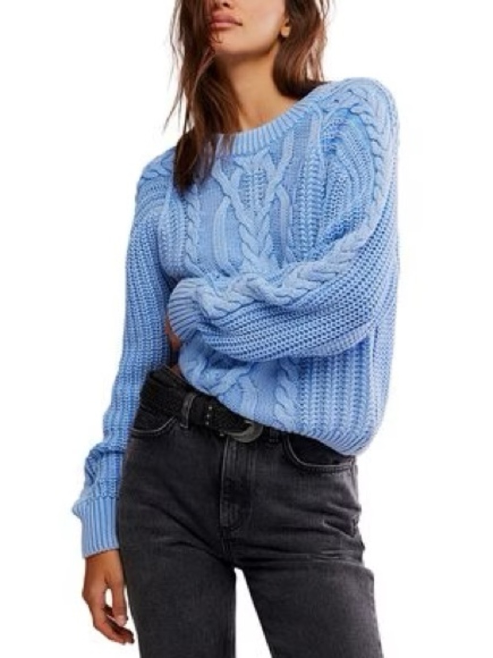 Free People Cotton Knit Cable Sky Sweater